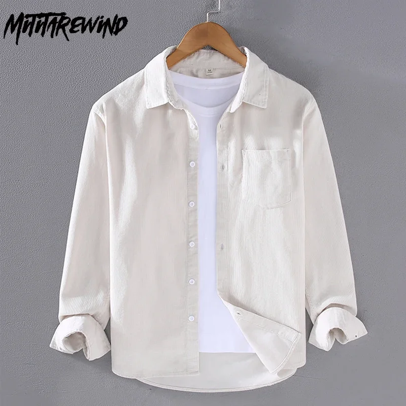 Corduroy Button Up Shirt Men - Spring Fall Mens Long Sleeve White