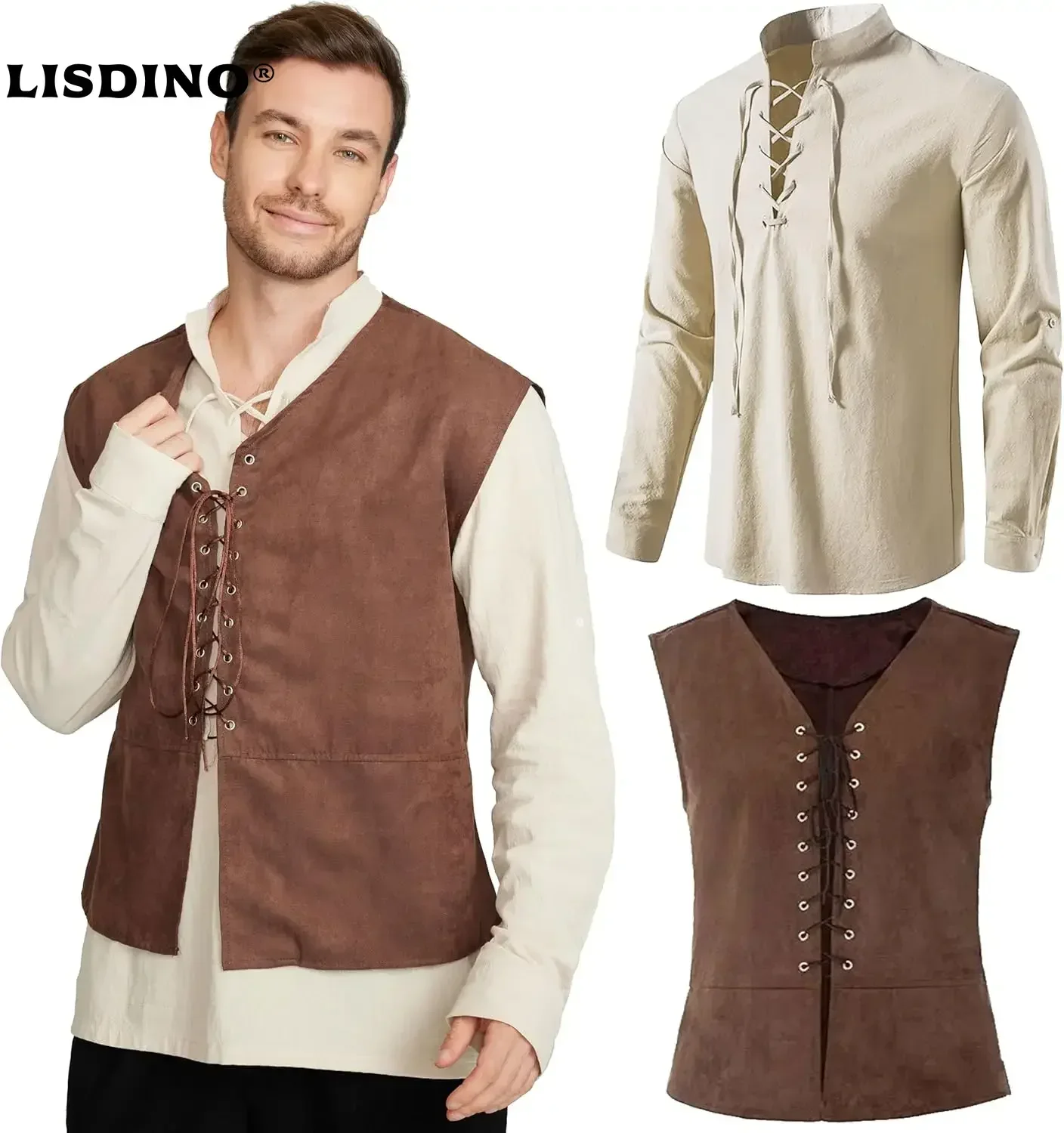 Medieval Gothic Lace Up Pirate Shirt - 2-piece Set Men's Medieval Pirate Vest