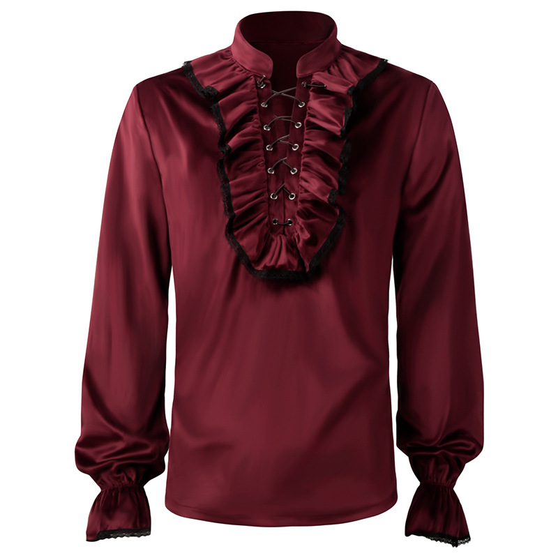 Medieval Gothic Lace Up Pirate Shirt - Red Lace Up Ruffles Lantern Sleeves