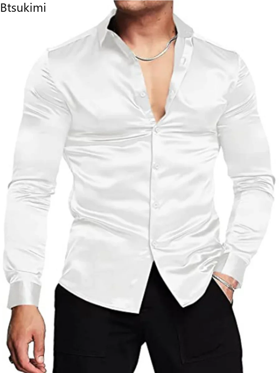 Mens Satin Silk Dress Shirt - New 2026 Men's Luxurious Shiny Silk
