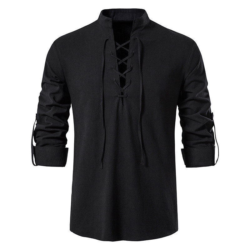 Men's Medieval Lace Up Cotton  - Mens Linen Shirt Long Sleeve review and price