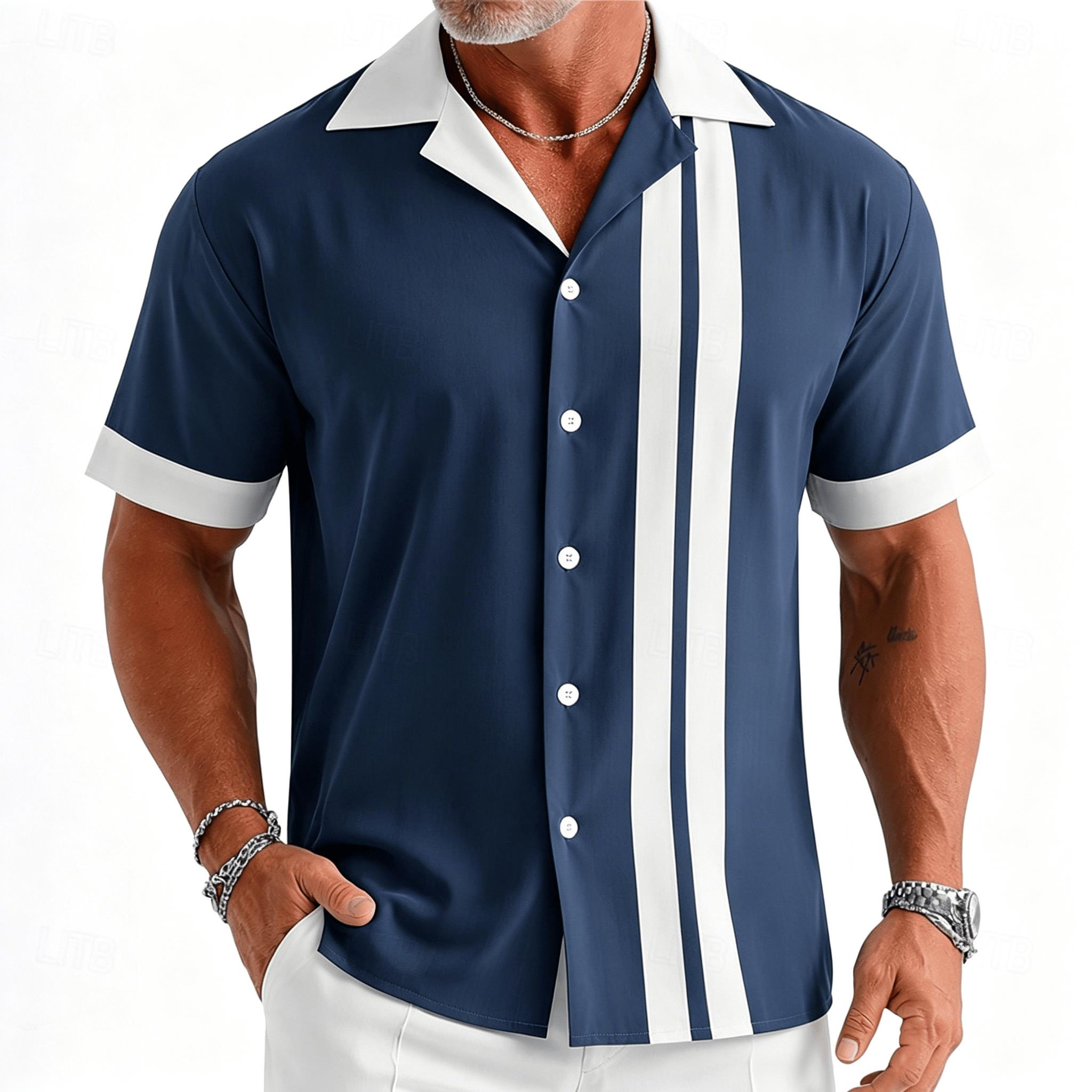Men's navy blue and white vint - Short Sleeve Bowling Shirt Retro review and price