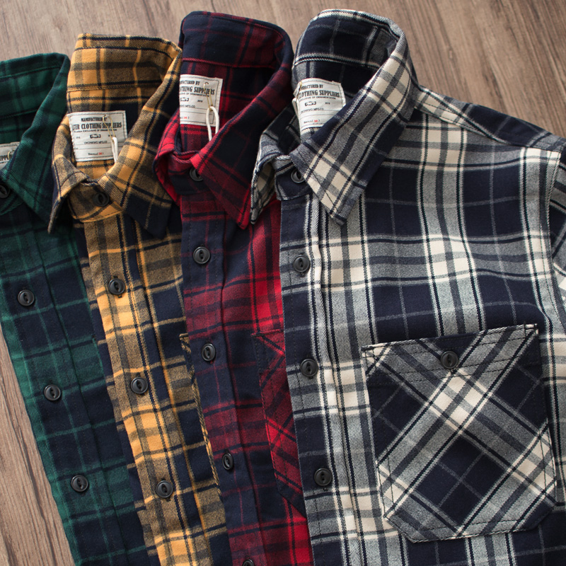 Autumn New American Retro 300g - Flannel Plaid Shirt Heavy Weight review and price